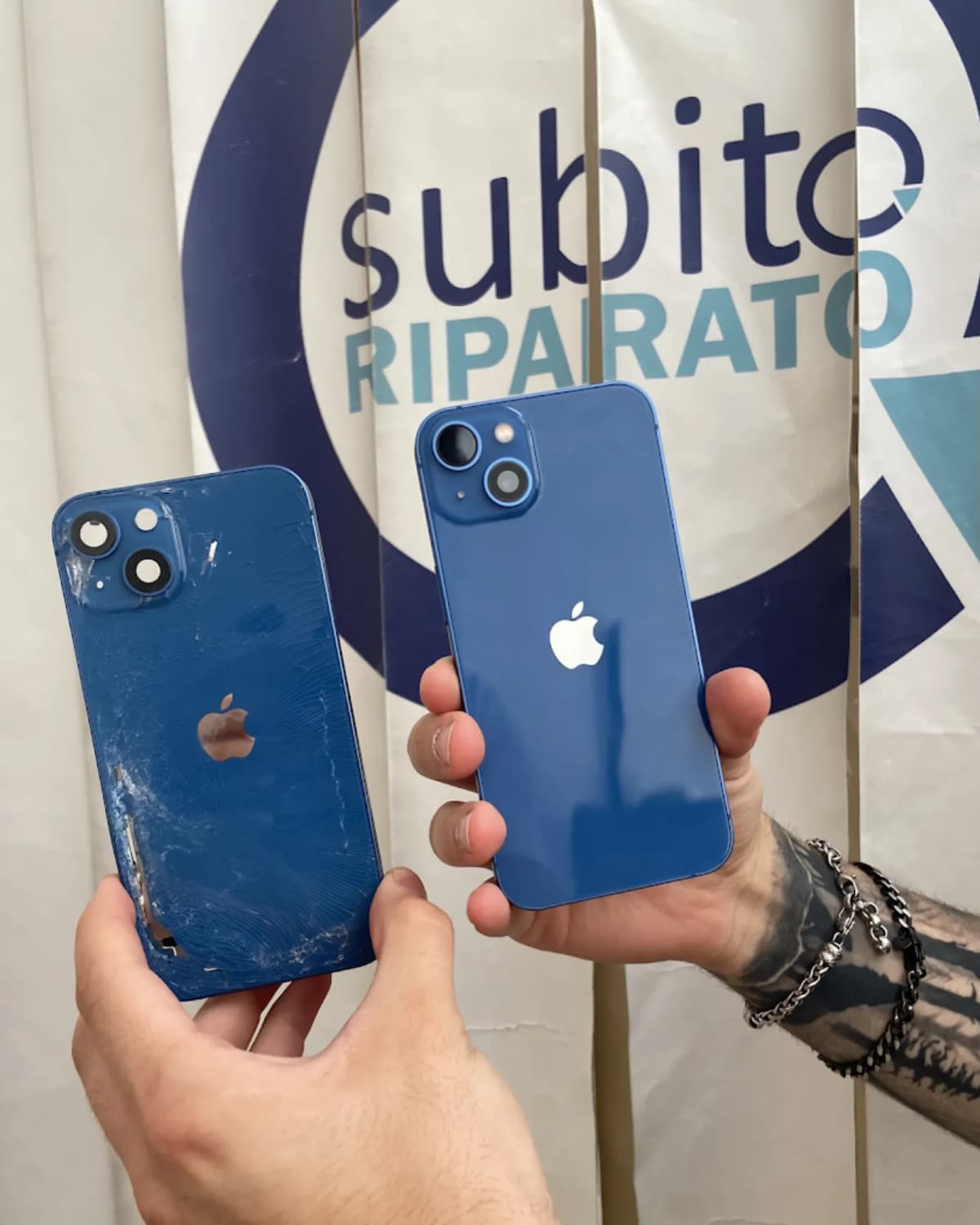 Prima e dopo riparazione vetro posteriore iPhone